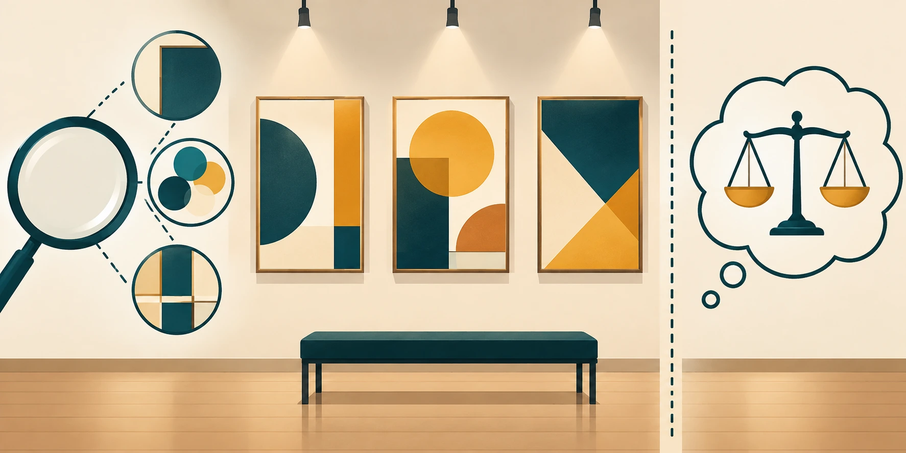 Três obras geométricas numa exposição, pormenores observados à lupa e, separado, um juízo representado por uma balança.