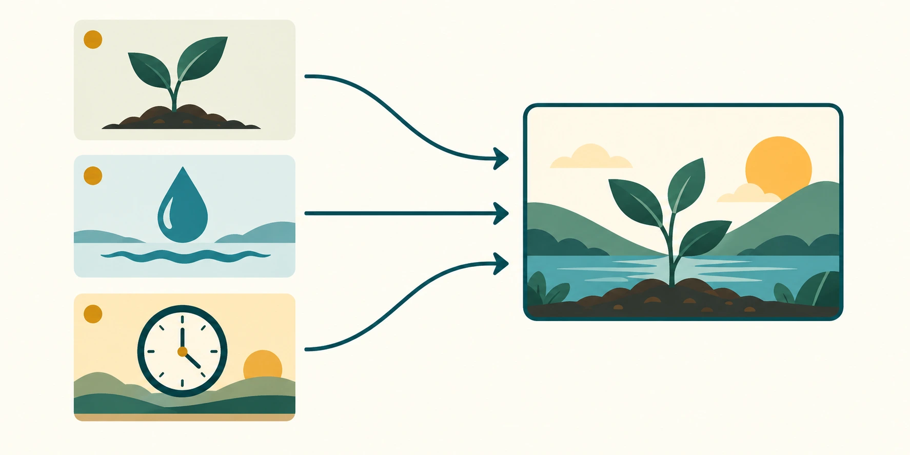 Três cartões com planta, gota e relógio convergem para uma síntese ilustrada; esquema conceptual sem os dados do relatório.