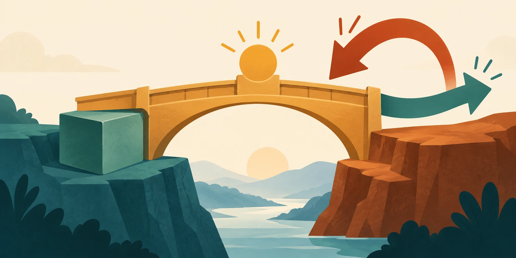 Ponte esquemática apoiada num bloco, com setas opostas que representam objeção e resposta, sem dados factuais.