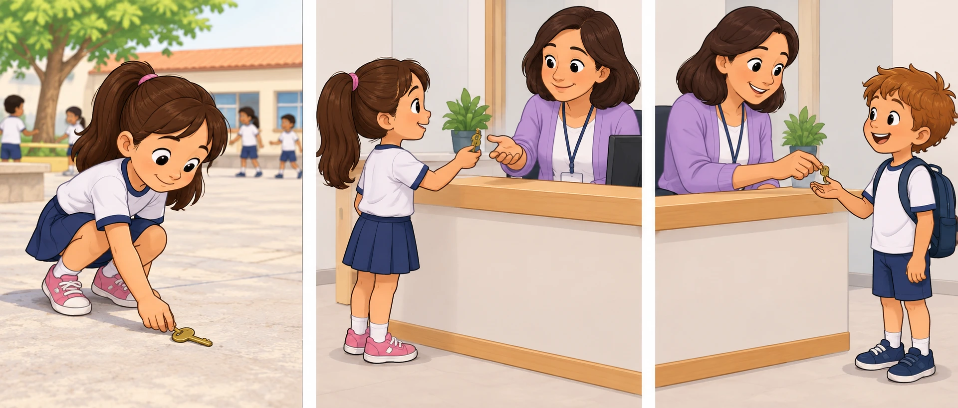 Três momentos de uma história: Lara encontra uma chave no recreio, entrega-a a uma funcionária e o dono recebe-a.