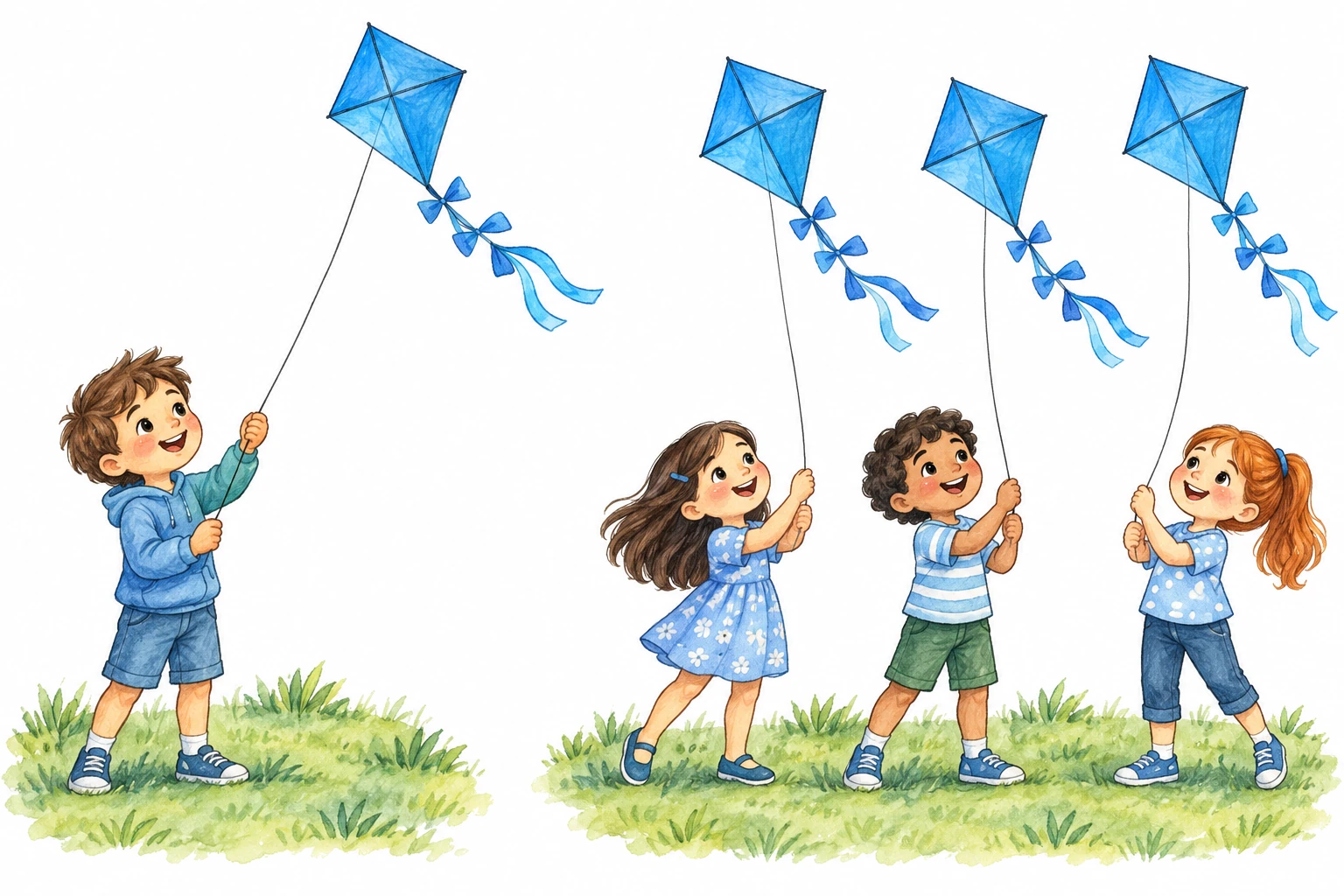 Dois painéis: à esquerda uma criança e um papagaio azul; à direita três crianças e três papagaios azuis.