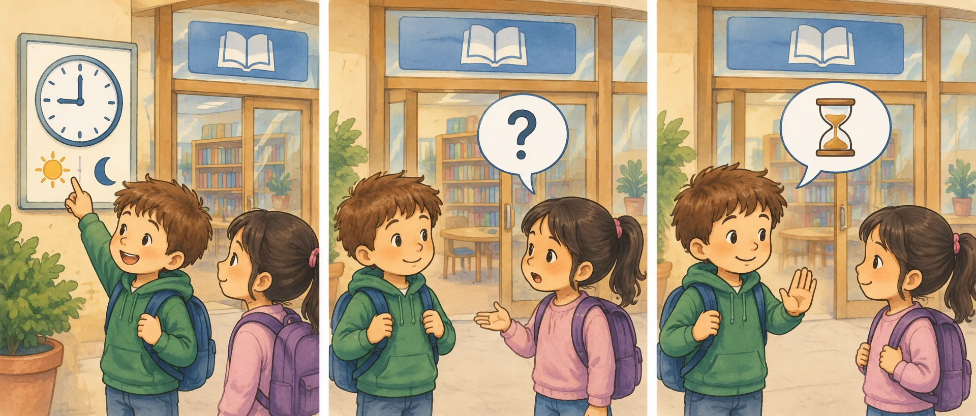 Três momentos à porta da biblioteca: informar a hora, perguntar e pedir que se espere.