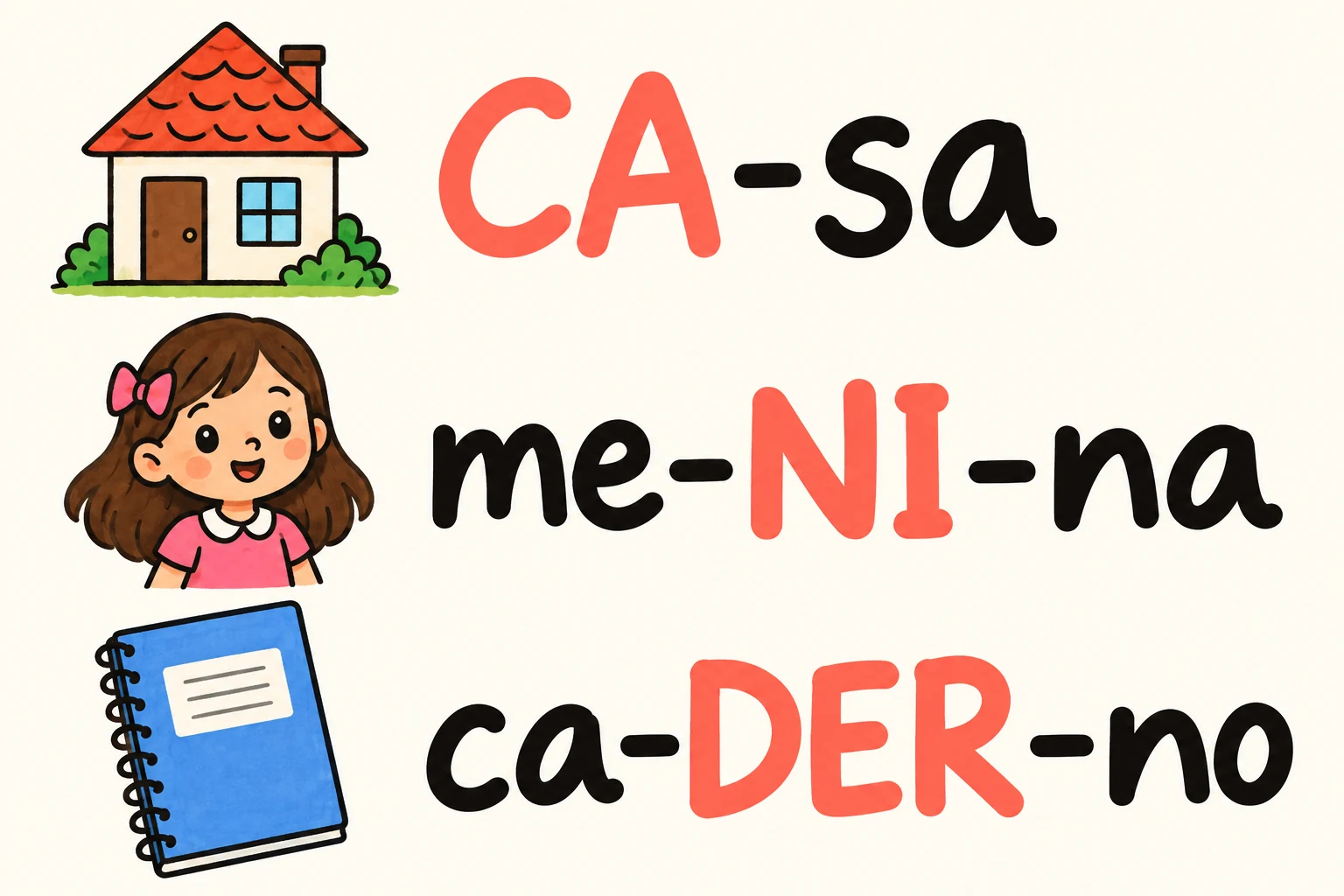 Cartões com CA-sa, me-NI-na e ca-DER-no, destacando as sílabas tónicas corretas.