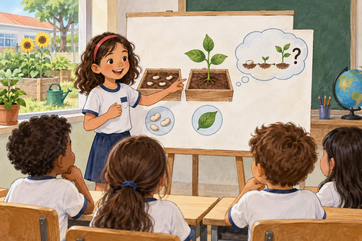 Uma aluna apresenta duas caixas da horta, uma com sementes e outra com uma planta, perante a turma.
