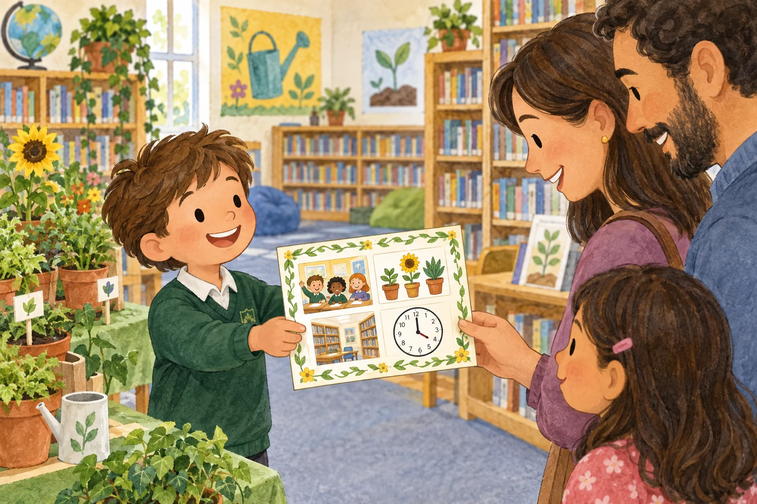 Um aluno entrega à família um convite ilustrado para uma mostra da horta na biblioteca.
