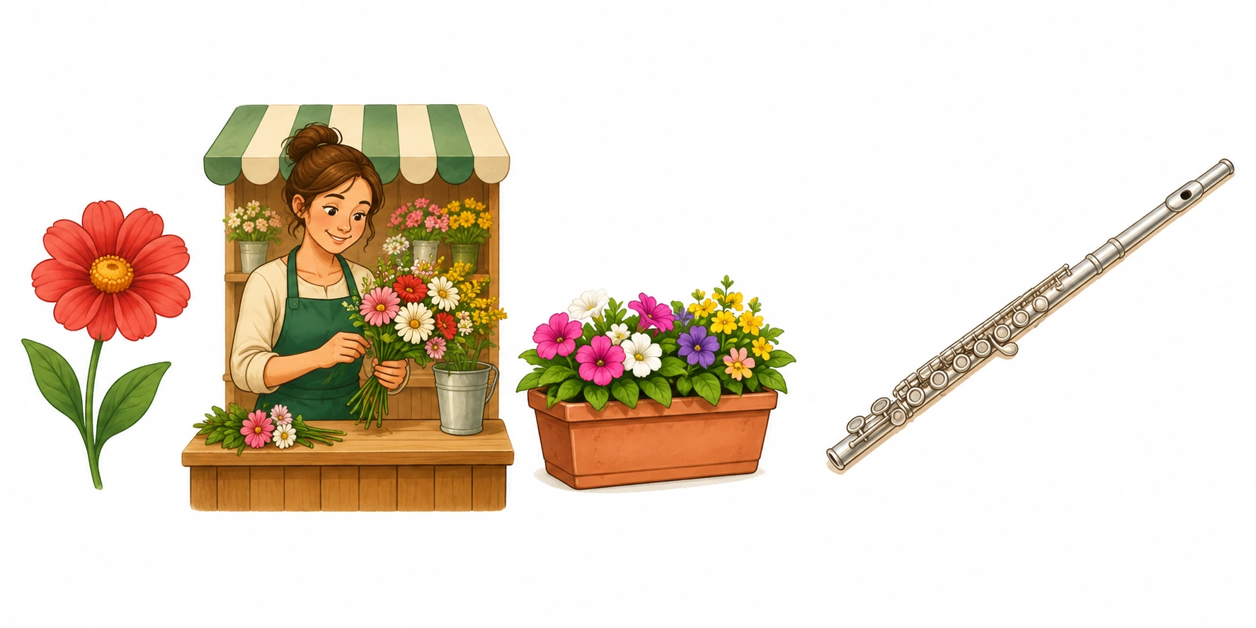 Flor, florista com ramo e floreira de flores aparecem em sequência; uma flauta está separada à direita.