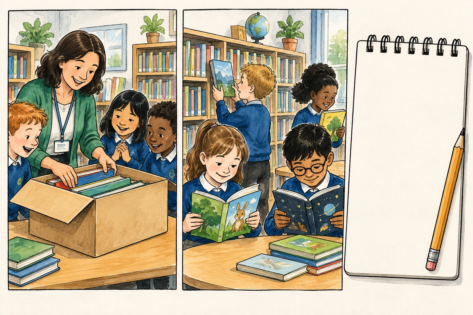 A turma abre uma caixa de livros novos na biblioteca e depois escolhe livros para ler.
