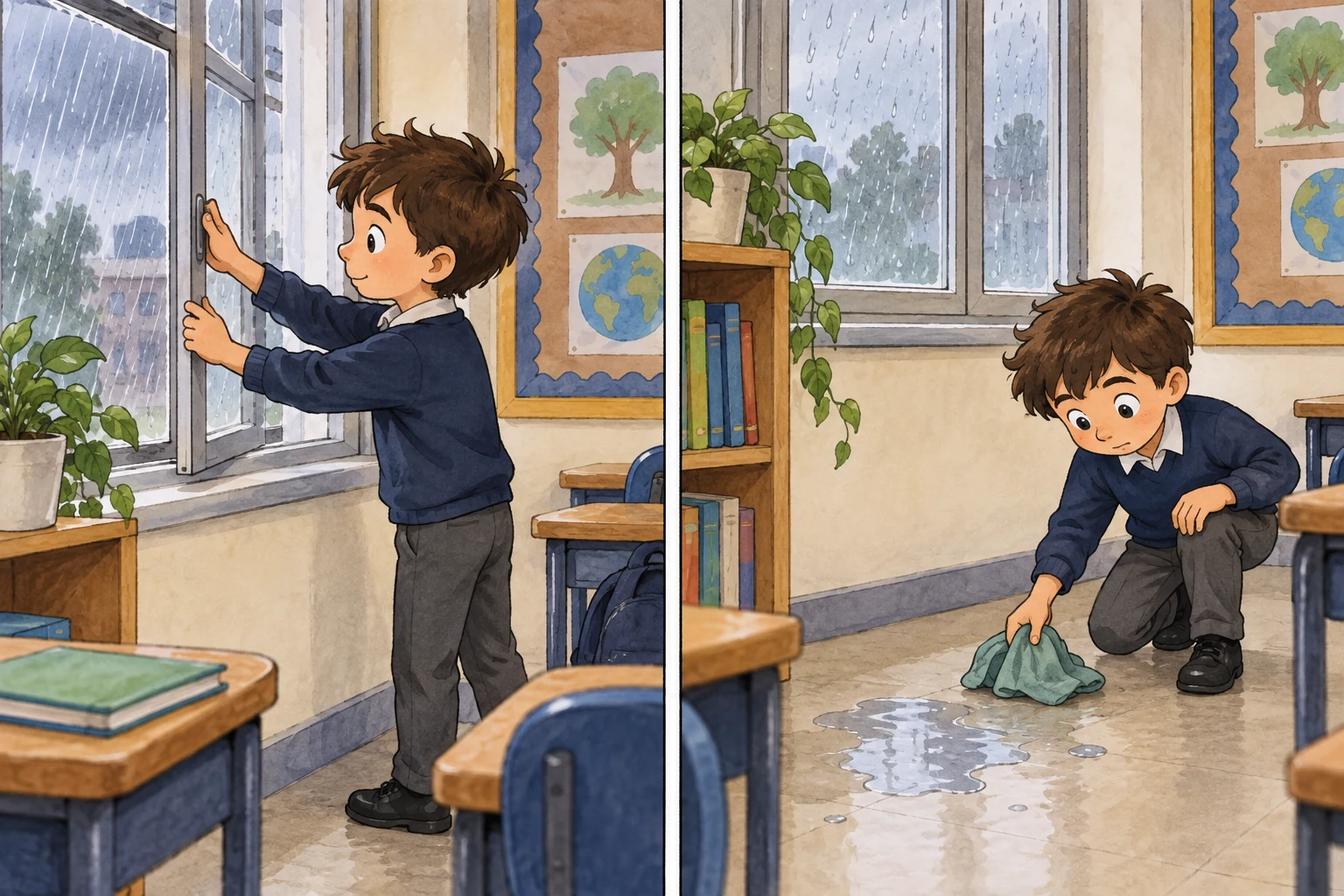 Tomás fecha a janela durante a chuva e limpa uma pequena poça na sala.