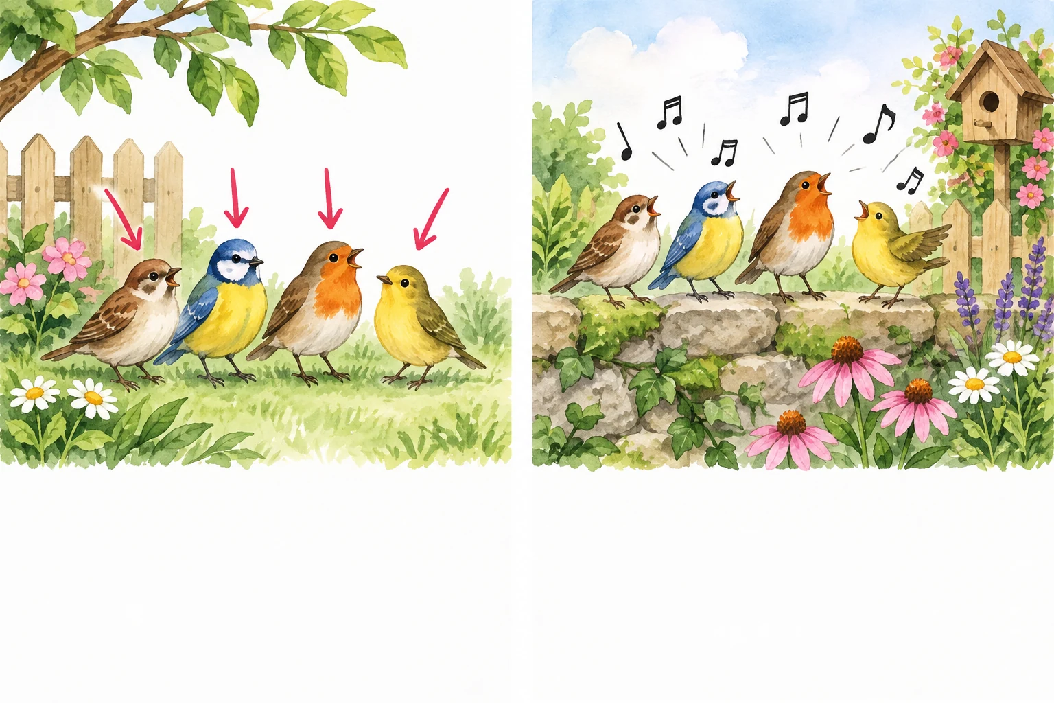 Quatro pássaros pequenos num jardim, primeiro identificados e depois a cantar.