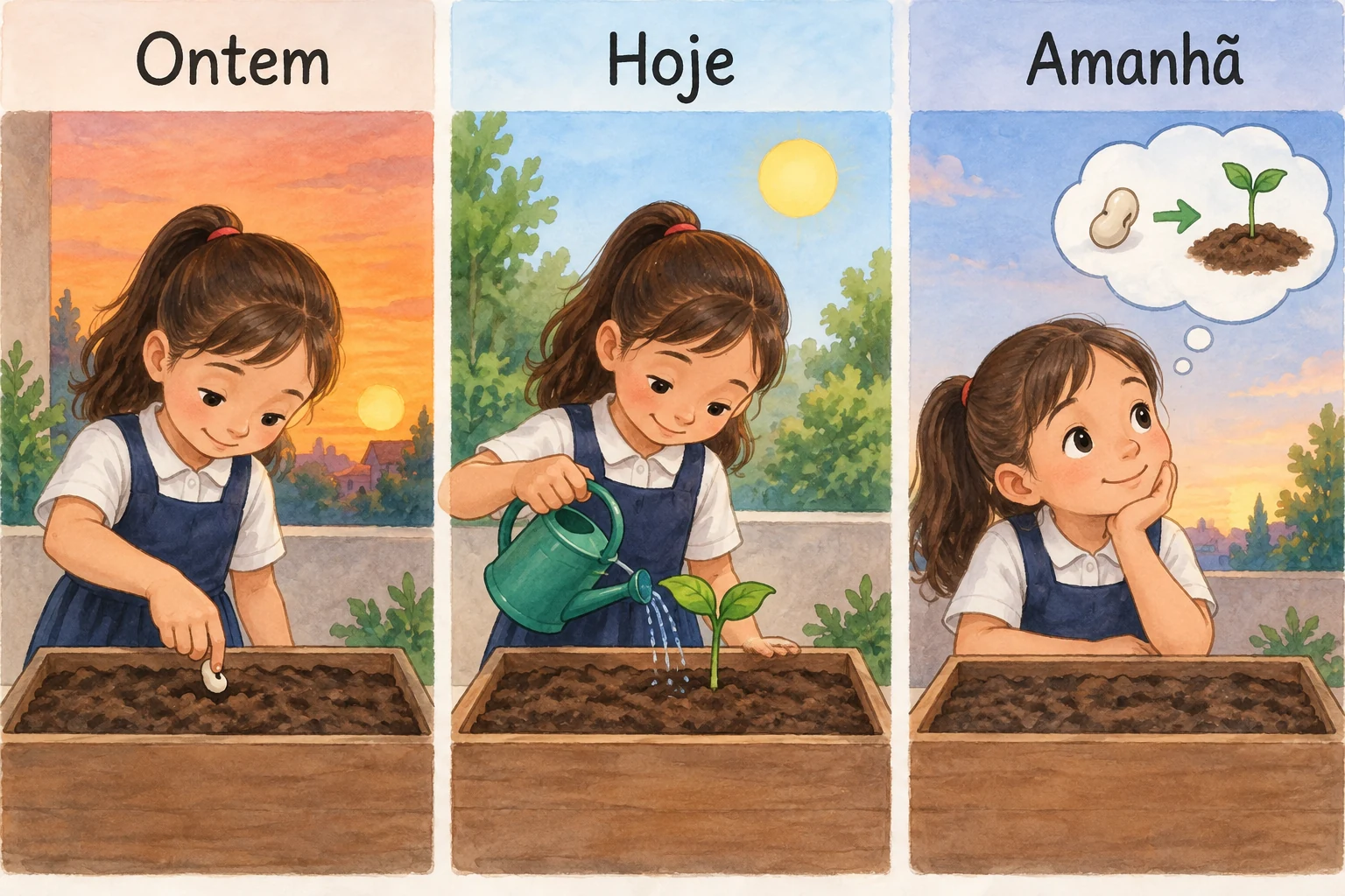 Três painéis com Ontem, Hoje e Amanhã junto de cenas de uma aluna na horta.