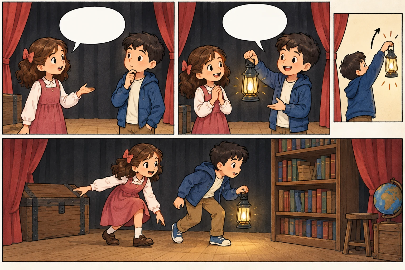 Rita e Leo representam uma cena teatral: conversam, Leo mostra uma lanterna e procuram um livro.