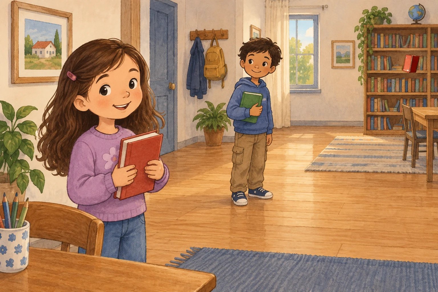 Leonor segura um livro perto de si, Rui tem outro mais afastado e há um terceiro numa estante distante.