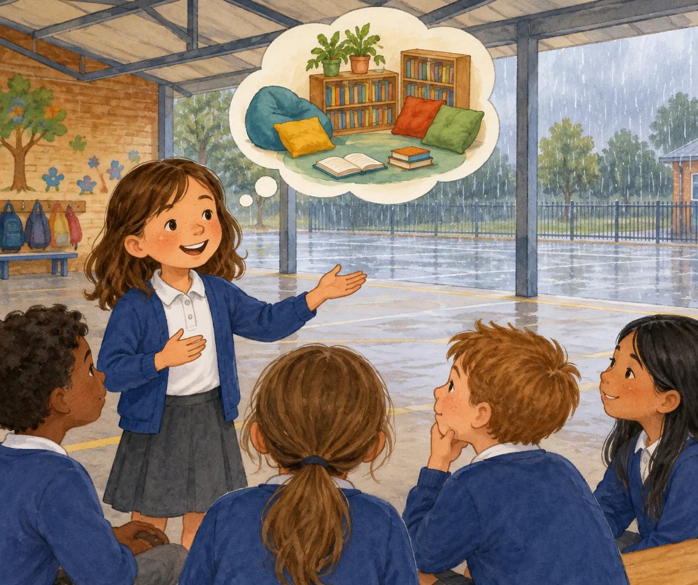 Uma aluna sugere à turma um canto de leitura no recreio coberto enquanto chove lá fora.