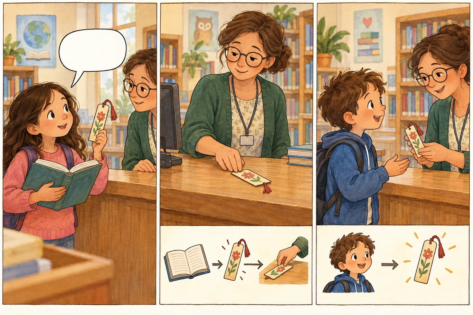 Inês encontra um marcador na biblioteca, fala com a funcionária e o dono recupera-o.