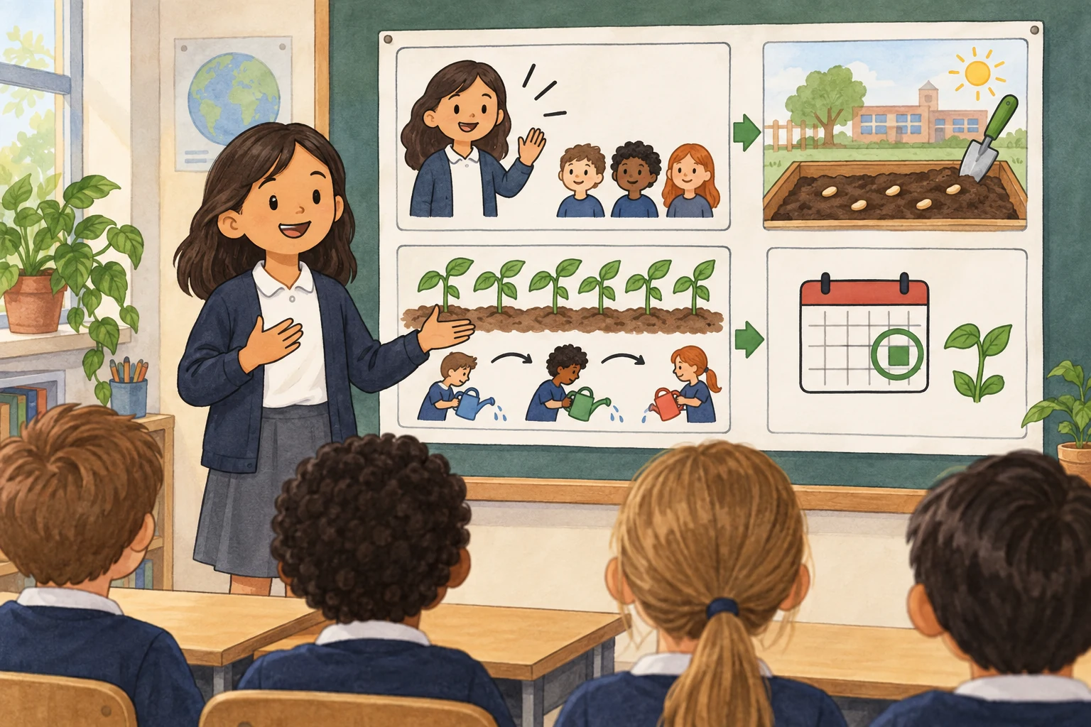 Uma aluna apresenta à turma quatro momentos de uma atividade da horta num quadro ilustrado.