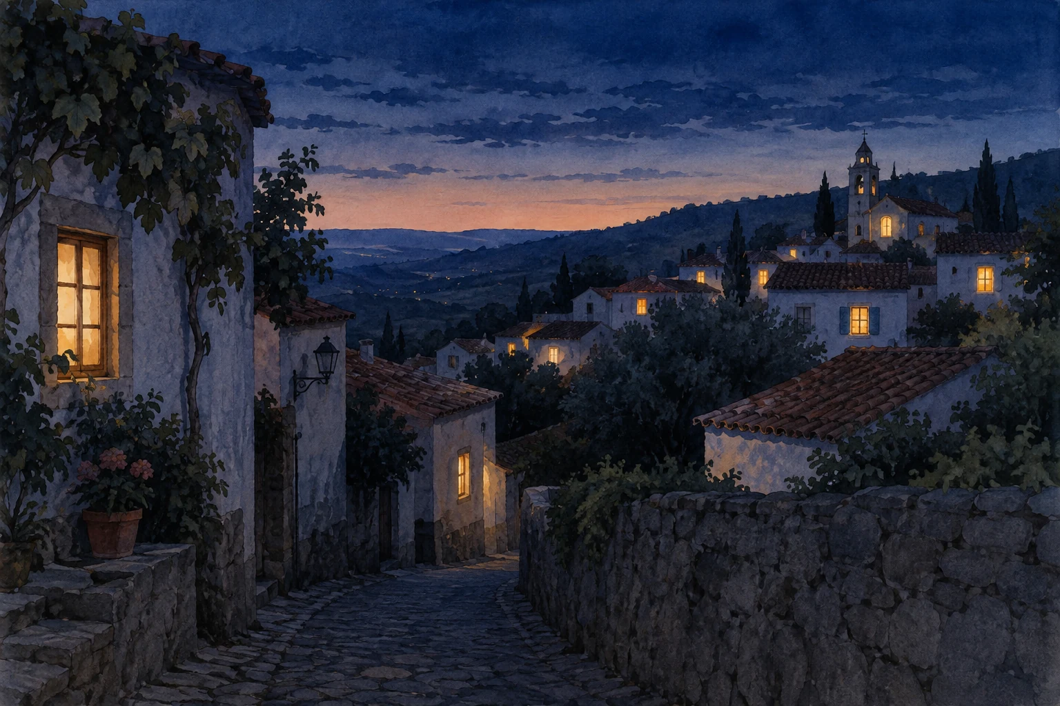 O anoitecer cobre uma aldeia; as janelas iluminam-se e o caminho escurece.