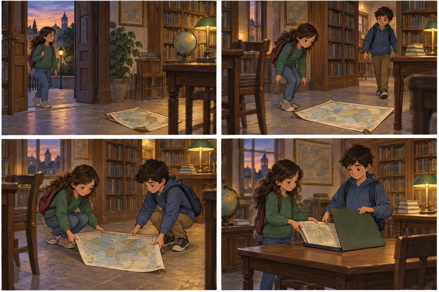 Ao entardecer, Inês encontra um mapa no chão da biblioteca e guarda-o com Rui.