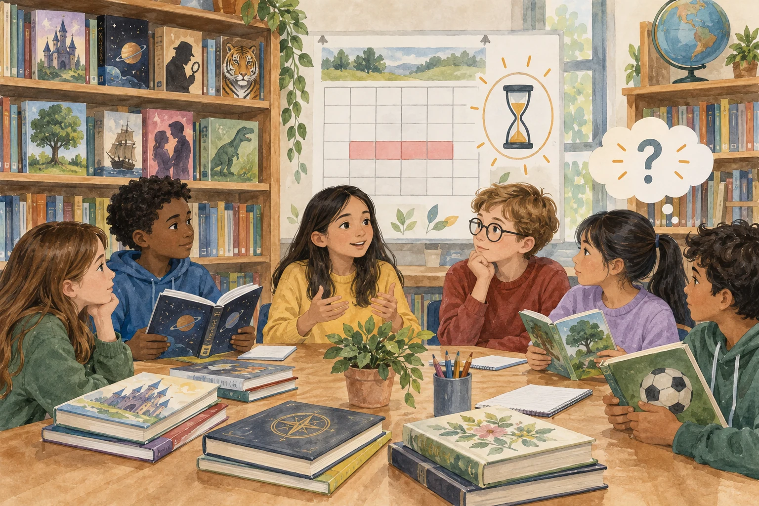 Alunos discutem uma experiência de leitura livre com livros de vários géneros.
