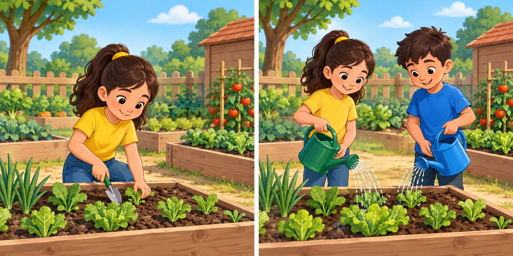 Uma aluna cuida sozinha da horta; noutra cena a mesma aluna e um colega regam plantas.