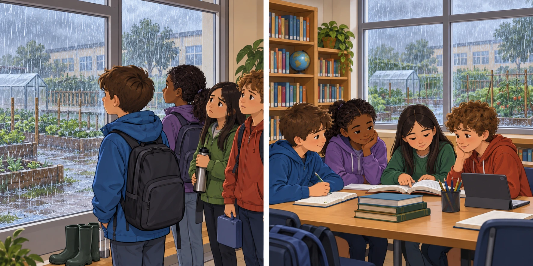 Chove junto à horta e alunos observam pela janela; noutra cena estudam na biblioteca enquanto a chuva continua.
