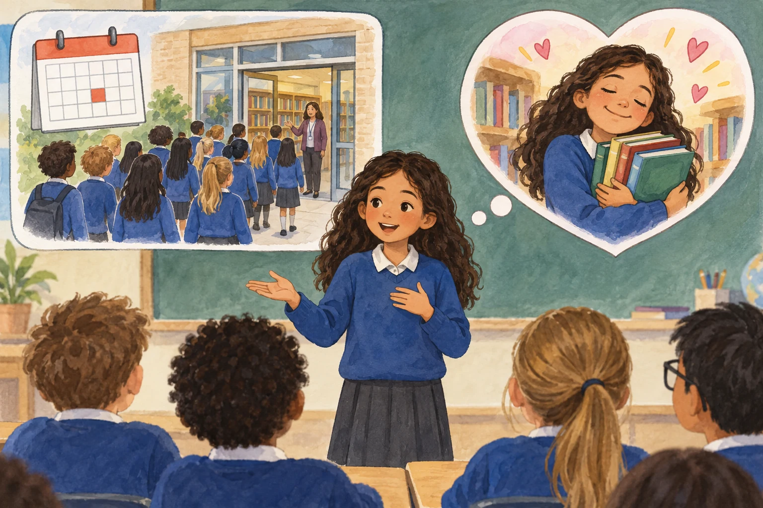 Uma aluna relata uma visita da turma à biblioteca e mostra também o seu gosto por escolher livros.