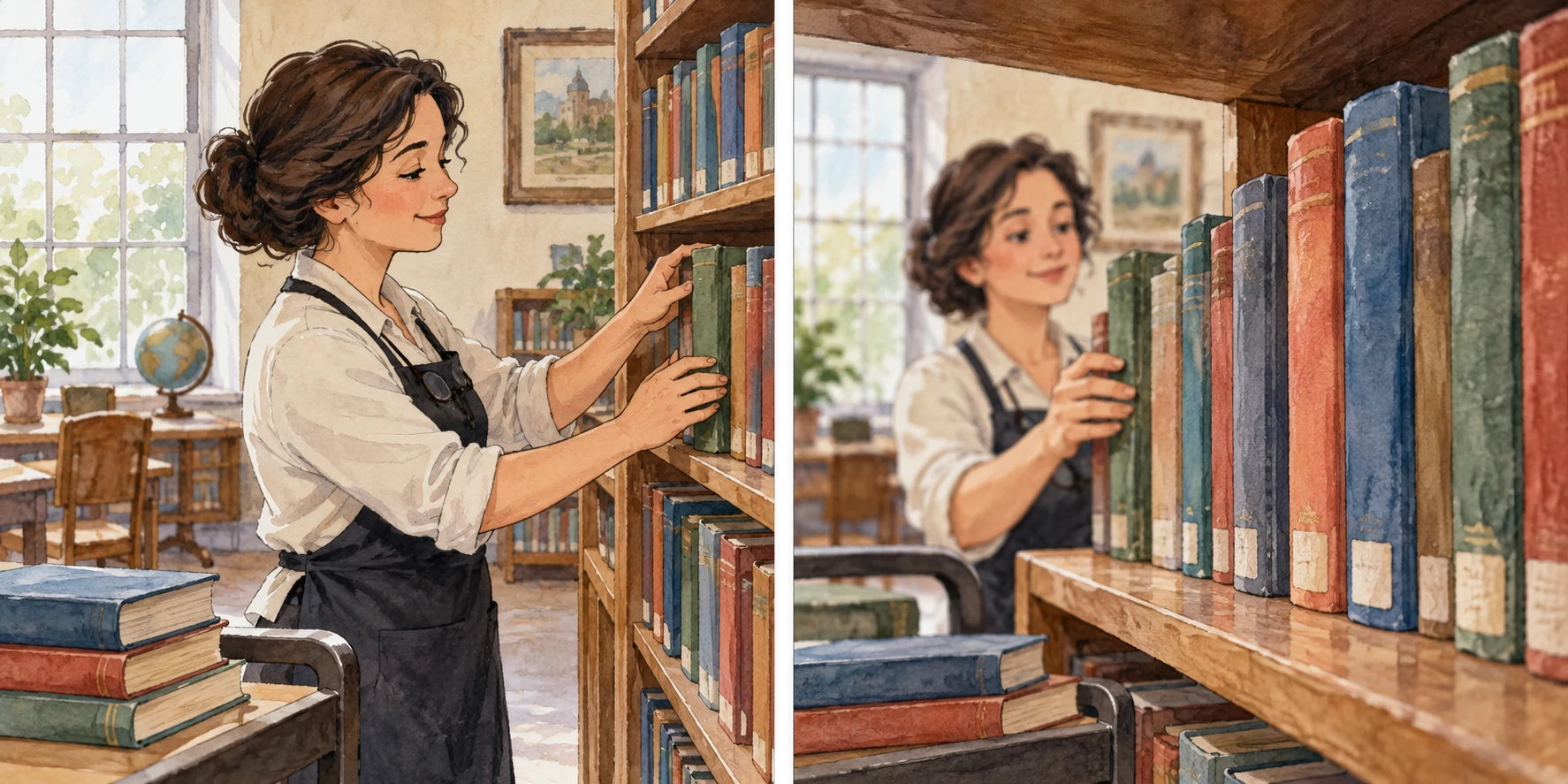 A mesma bibliotecária arruma livros em duas perspetivas que destacam quem age e o que recebe a ação.