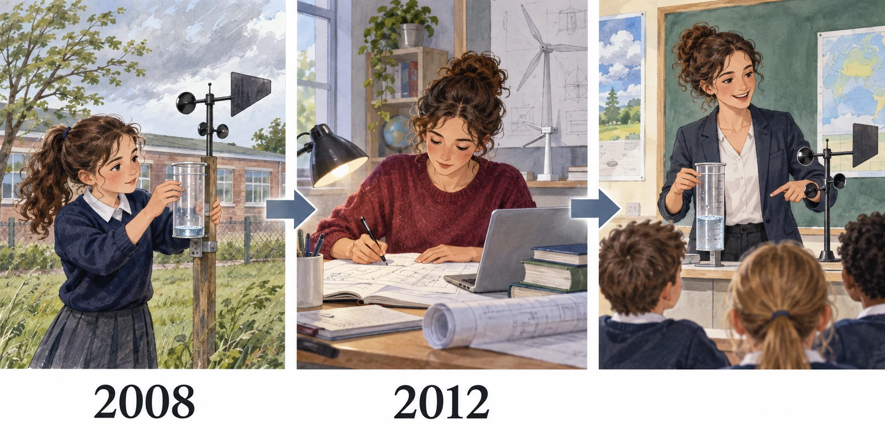 Marta constrói uma estação meteorológica em 2008, estuda engenharia em 2012 e regressa à escola.