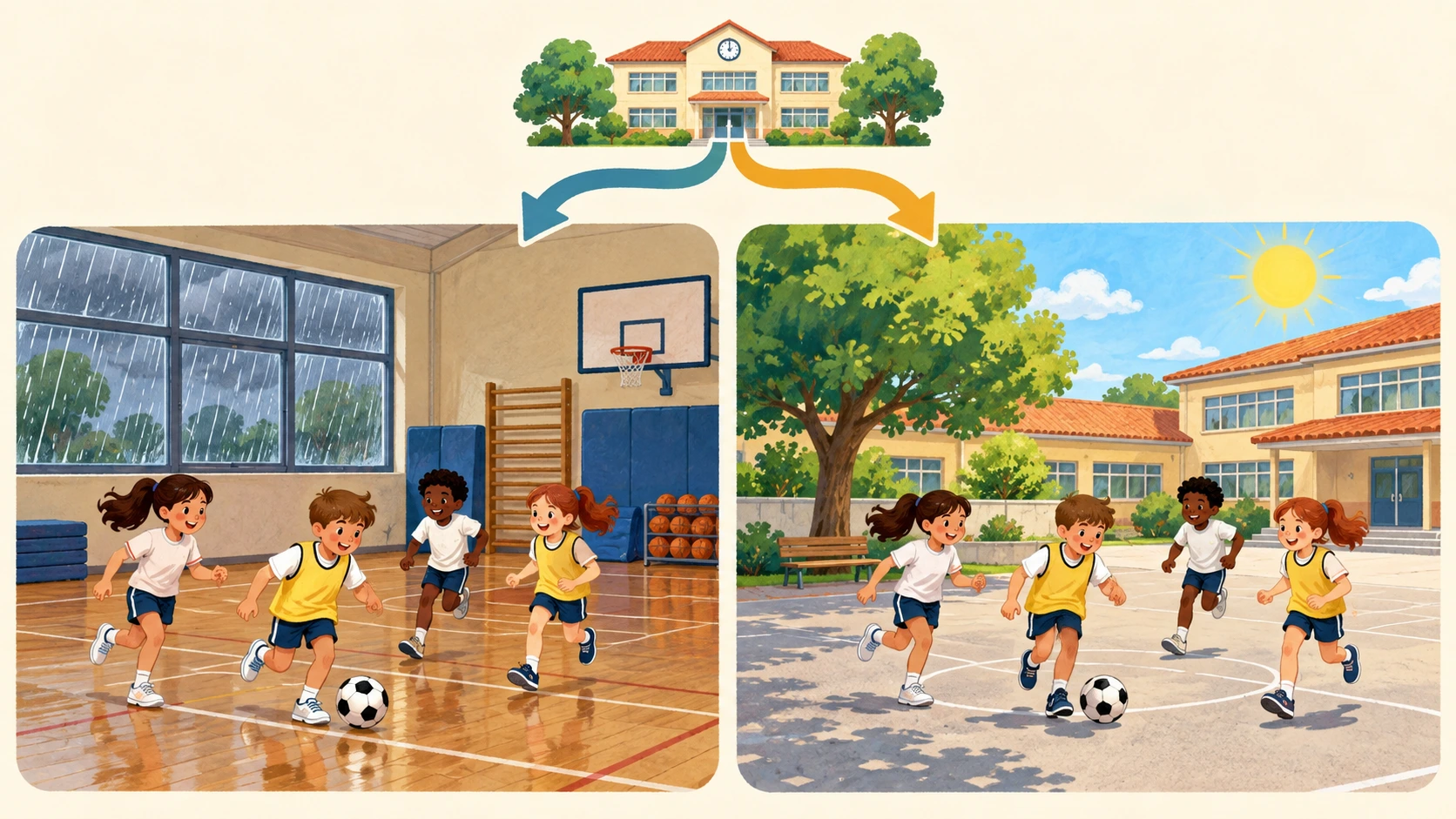 Dois caminhos desde a escola: à esquerda chove e o jogo decorre no pavilhão; à direita faz sol e o jogo decorre no pátio.