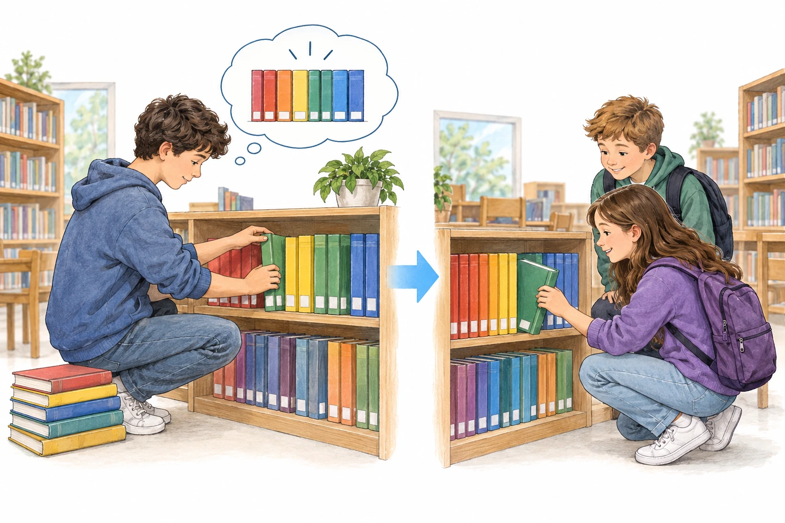 Dois momentos de uma biblioteca: um aluno organiza livros por cor e colegas encontram um livro.
