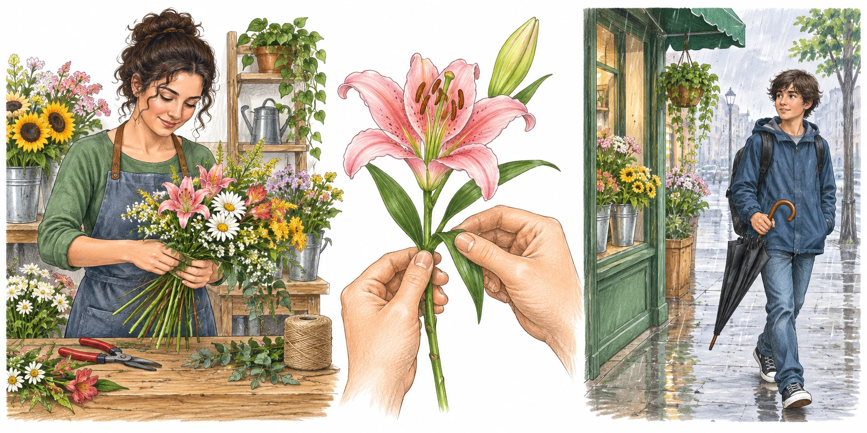 Três cenas de florista, flor e pessoa com guarda-chuva à chuva, sem palavras impressas.