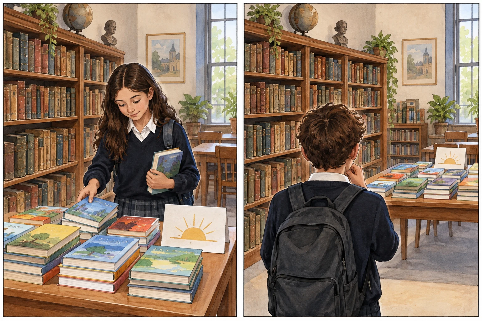 Livros antigos e livros chegados recentemente formam dois grupos numa biblioteca.