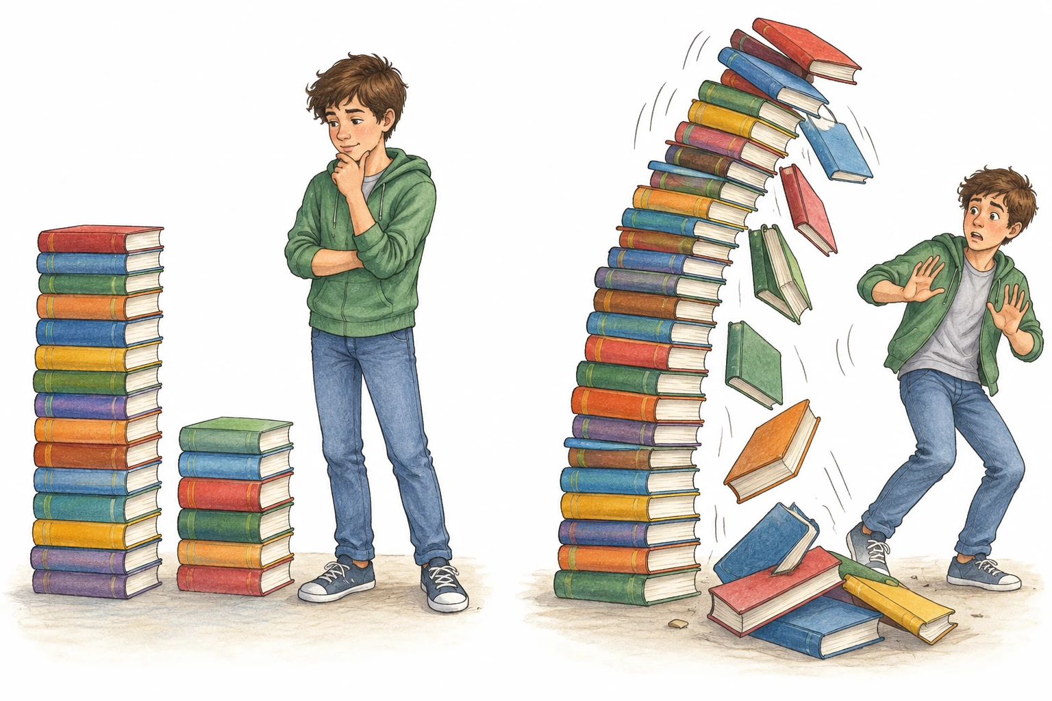 Dois painéis: comparação entre pilhas de livros de alturas diferentes e queda de uma pilha muito alta.