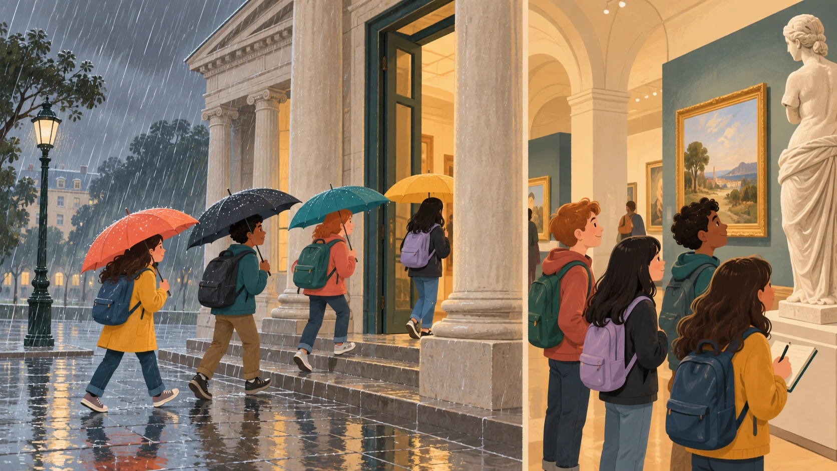 Estudantes entram num museu com guarda-chuvas apesar da chuva e, dentro, observam uma exposição.