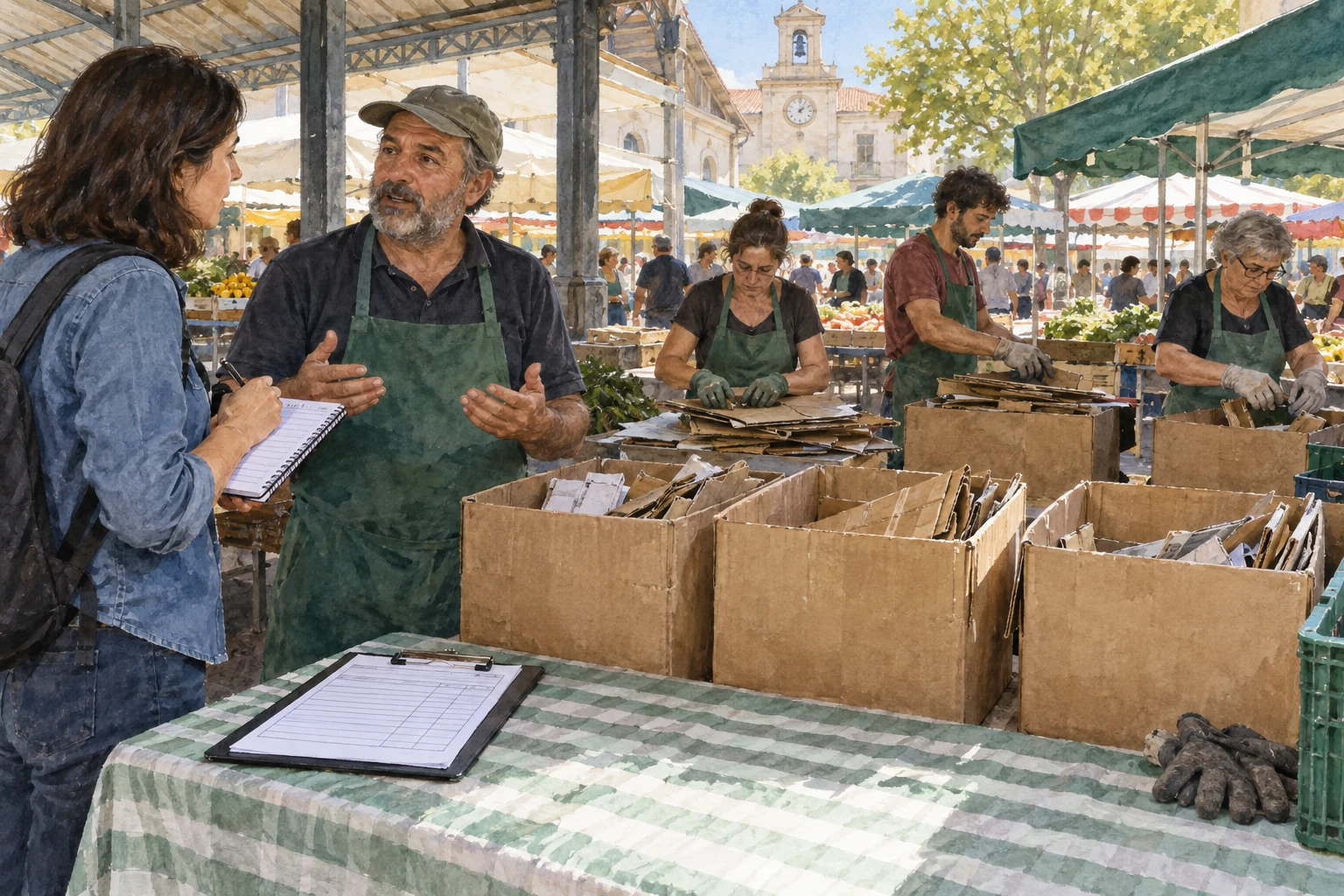 Repórter observa bancas de mercado a separar cartão e entrevista um vendedor.