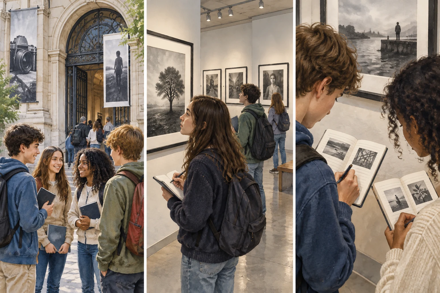 Turma visita uma exposição de fotografia e leva cadernos para anotar observações.