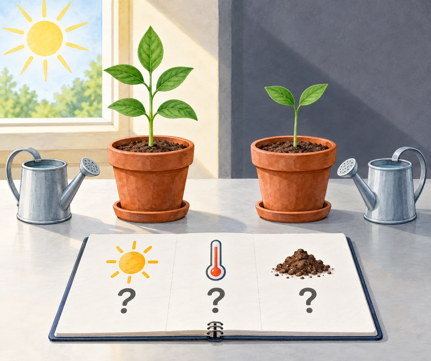 Duas plantas com igual água mostram cinco e duas folhas junto de luz diferente; há perguntas sobre outras condições.