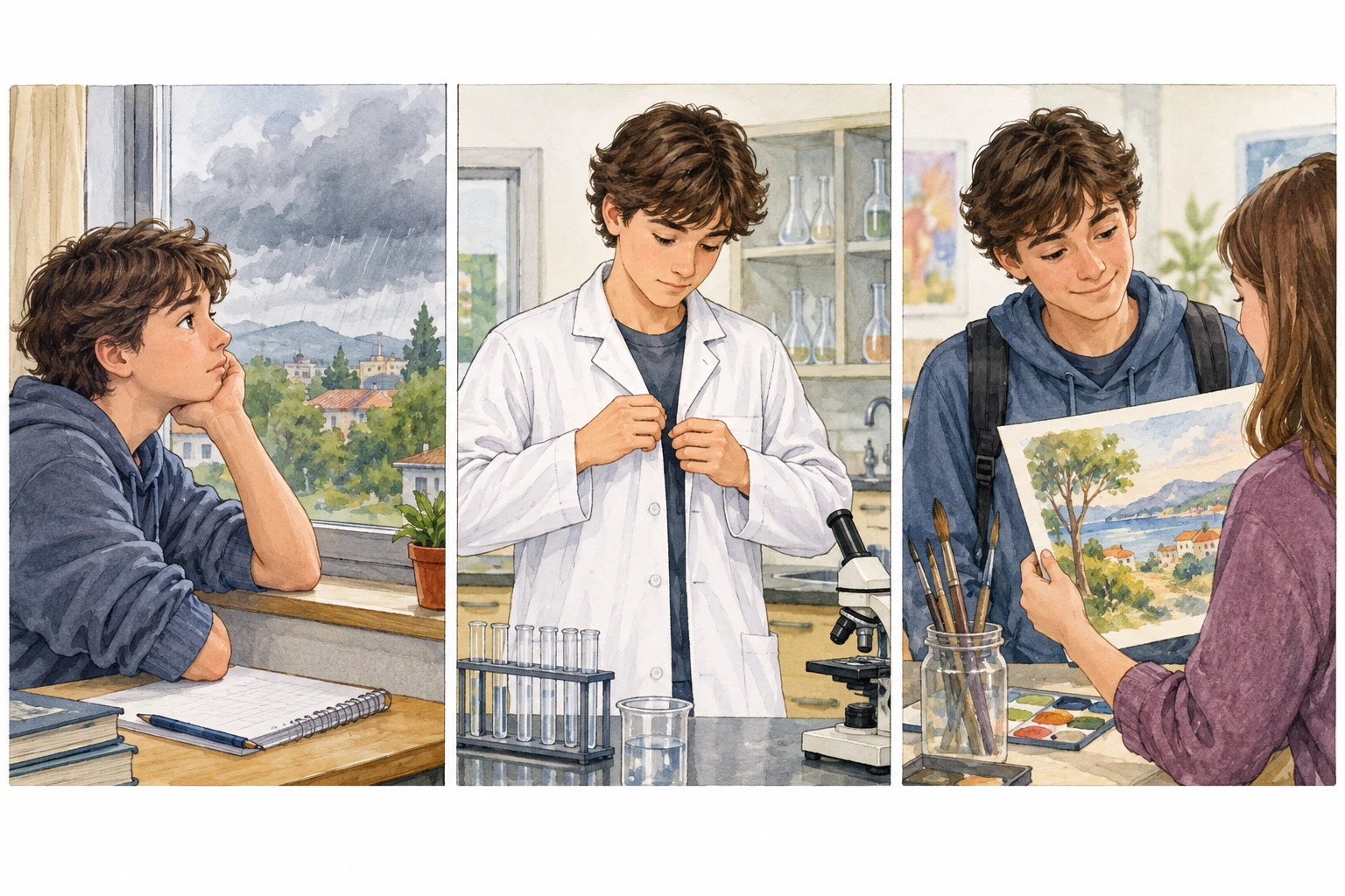 Três painéis: aluno perante nuvens, a colocar bata no laboratório e a apreciar um quadro de colega.