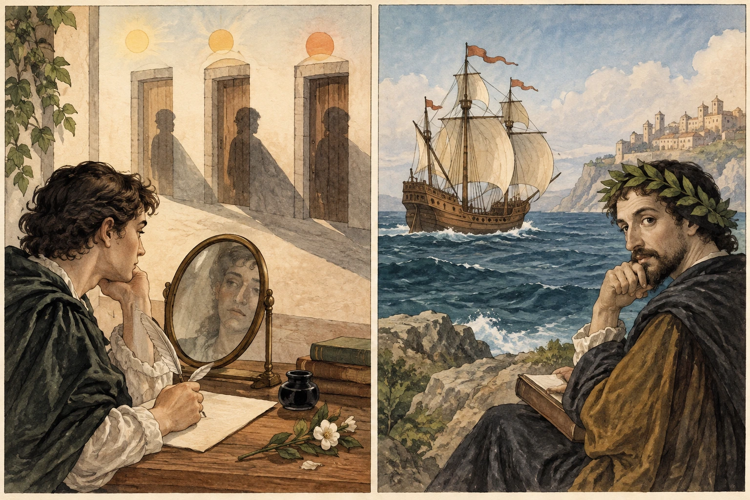 À esquerda, três momentos de sombra sobre portas e uma figura com espelho; à direita, um navio e uma voz contemplativa.