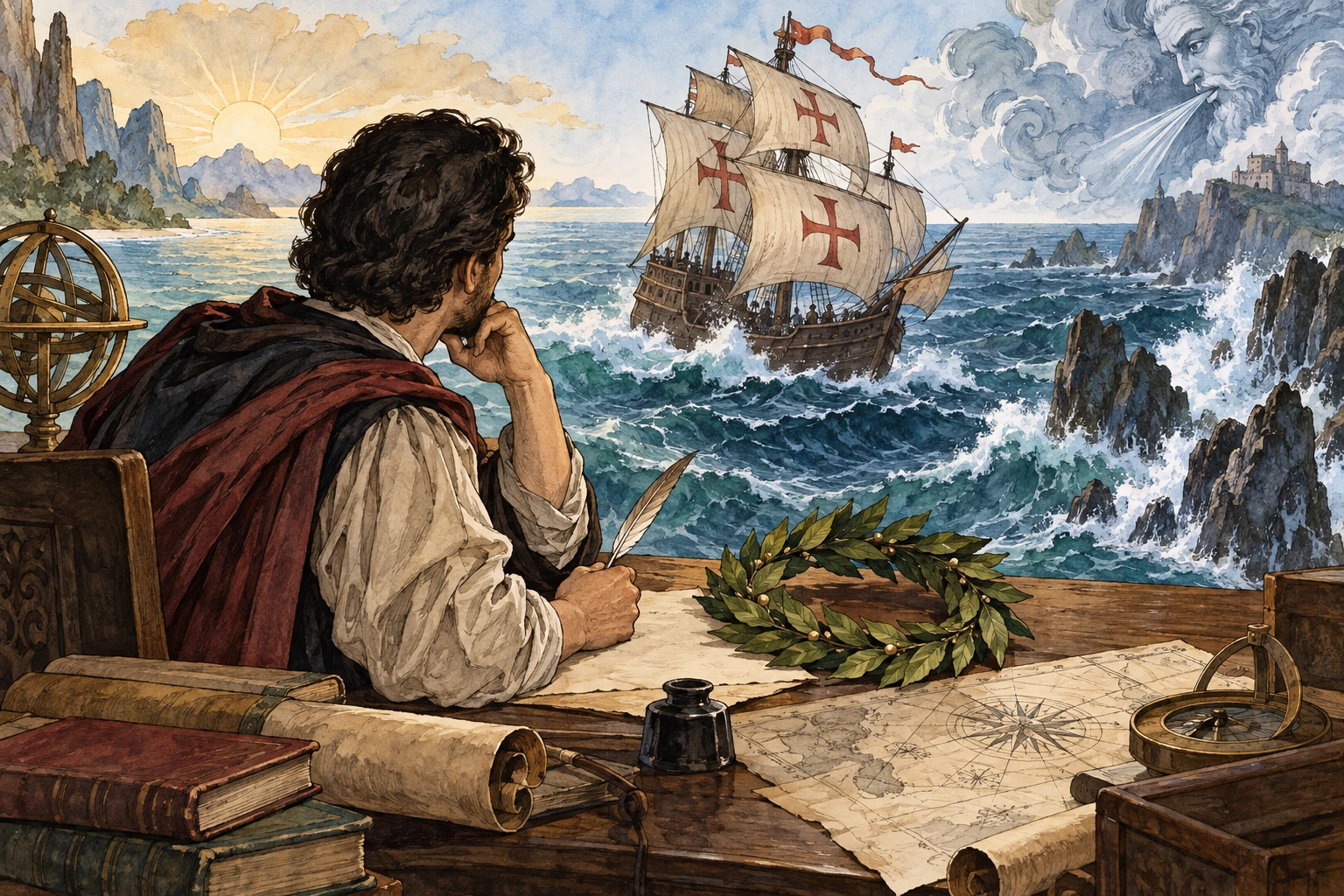 Navio em viagem e figura contemplativa sugerem ação e comentário.