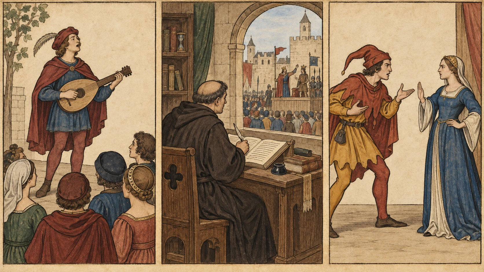 À esquerda, voz cantada diante de ouvintes; ao centro, cronista seleciona uma cena; à direita, duas figuras dialogam.