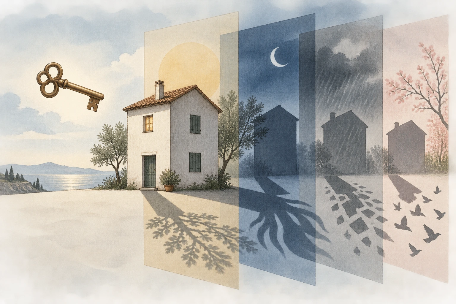 Chave, casa e camadas transparentes sugerem leituras diferentes da mesma imagem.