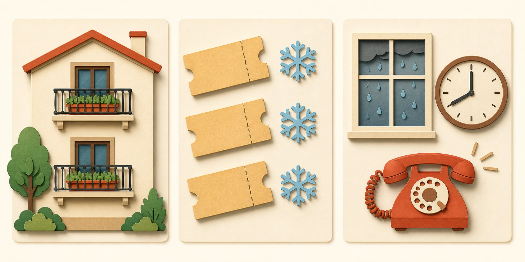 Three background panels: a house with two balconies, recurring winter train tickets, and rain beside an eight o'clock clock and a ringing telephone.