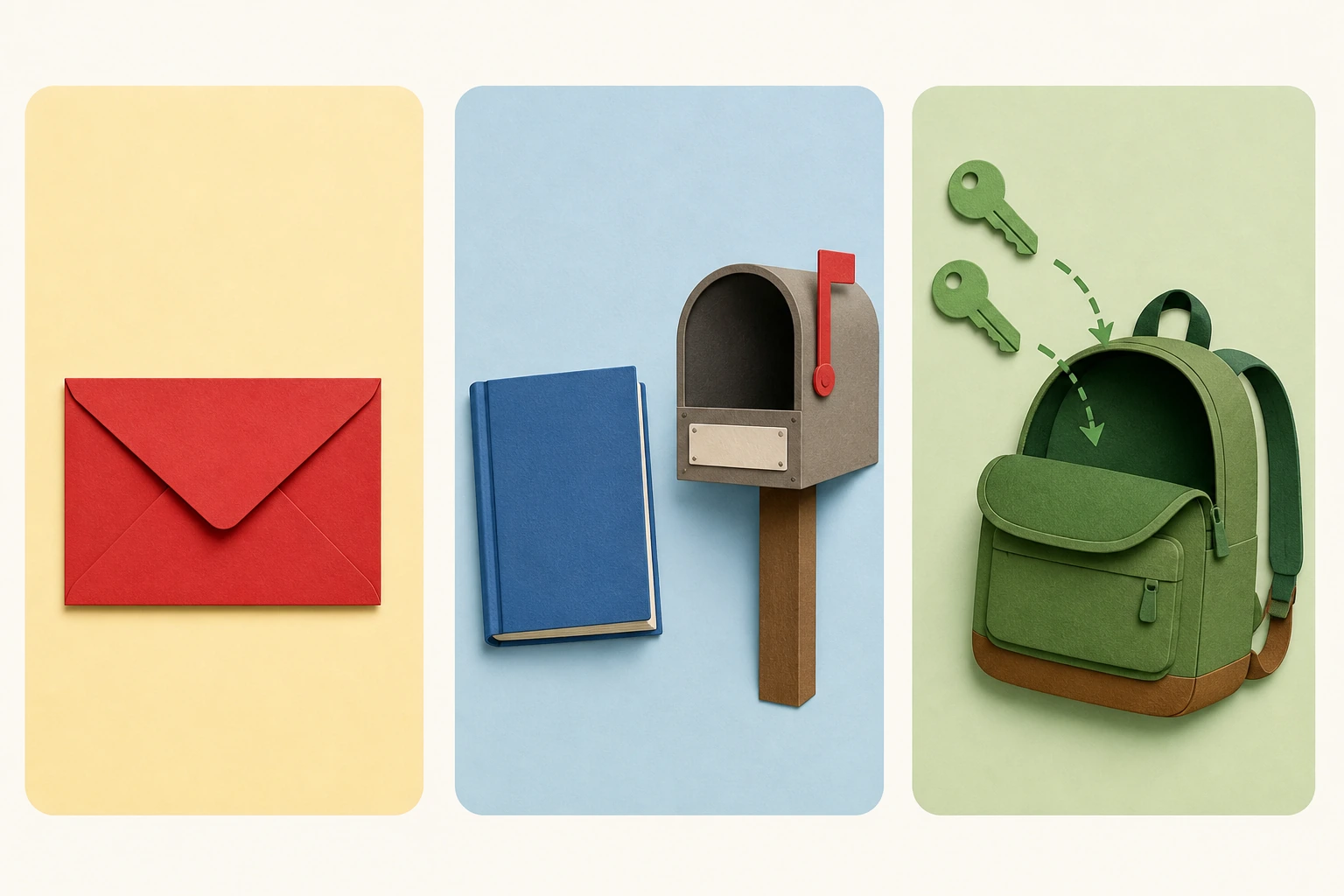 Three object-reference panels: a red letter, a blue book beside a recipient mailbox, and two green keys moving into a backpack.