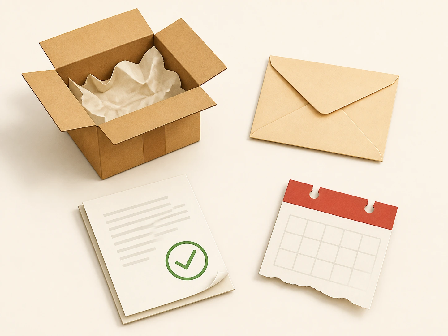 A present-day desk scene with an opened parcel, an unread envelope, a completed report and a separate closed calendar page for yesterday.