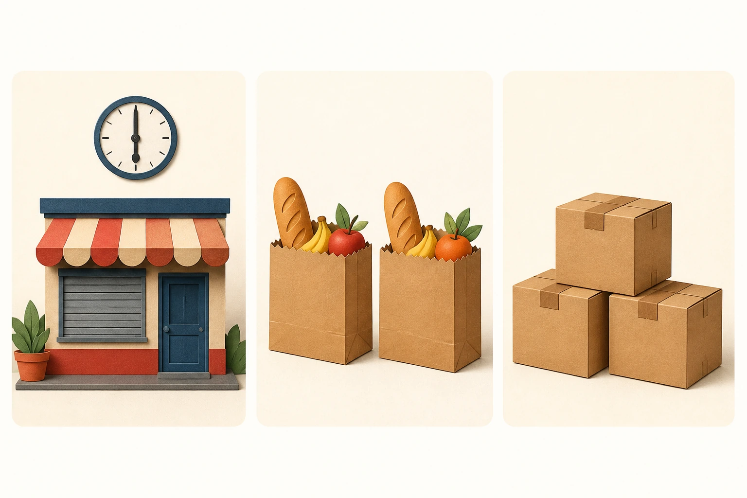 Three finished-event panels: a shop closed at six, two filled grocery bags and three delivered parcels.