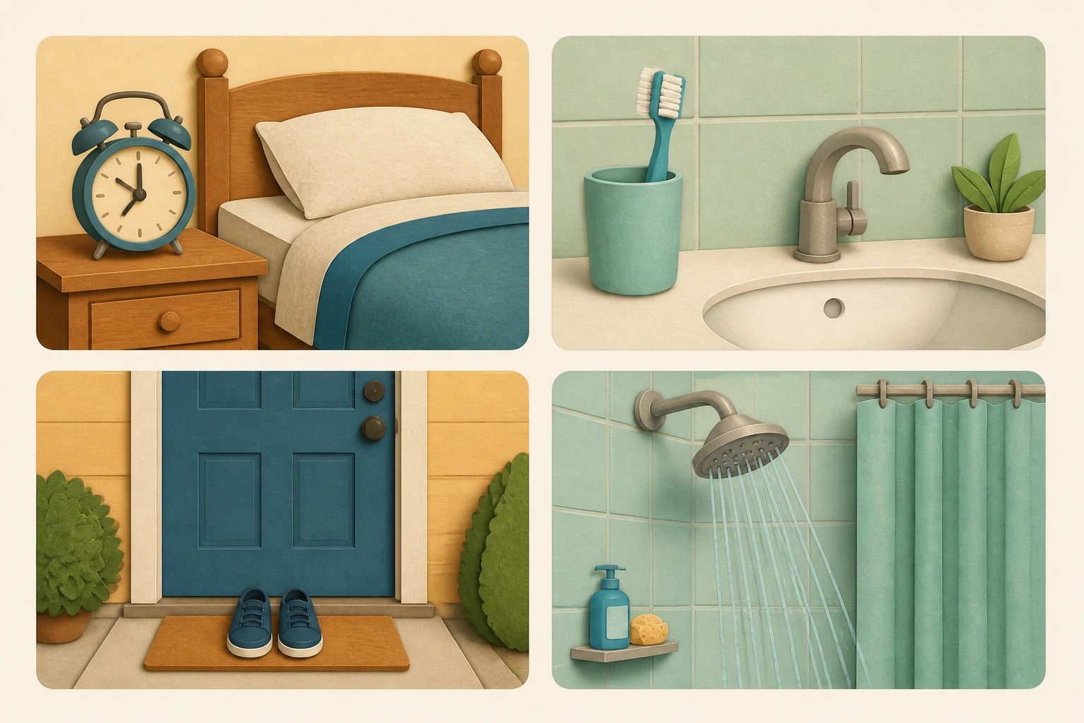 A person-free routine sequence with an alarm and bed, toothbrush and sink, a front door with shoes pointing outward, and a shower.