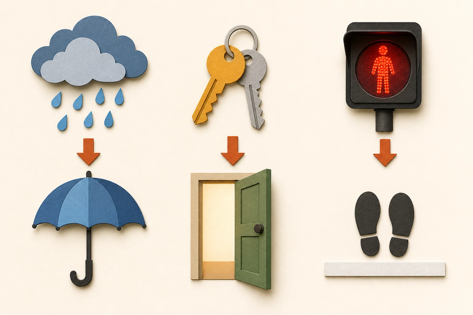 Three cause-and-result pairs show rain leading to an umbrella, exactly two keys leading to an open door, and a red pedestrian signal leading to stopped footprints.