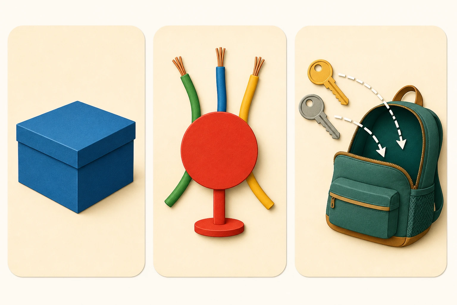 Three instruction panels show a sealed blue box, loose electrical cables behind a stop marker, and exactly two keys moving into a backpack.