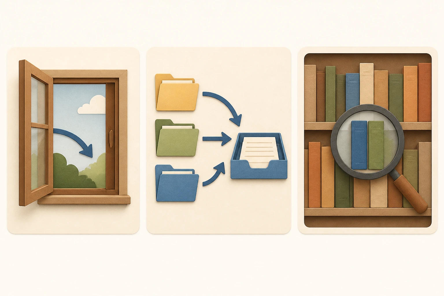 Three panels show a window being closed, three folders being carried to one tray, and two books being searched for on shelves.