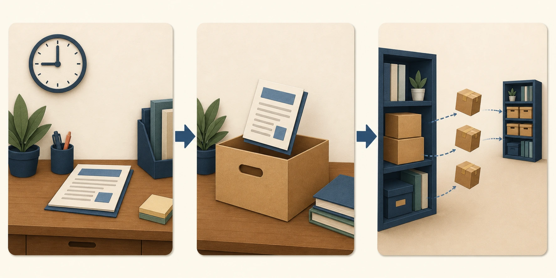 A three-panel message-transfer diagram shows an office desk at nine, a completed report moving into an archive, and exactly three parcels moving from a near shelf to a distant shelf.